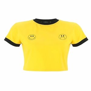 Cider Yellow Smiley Face Black Trim Ringer Crop Top T-Shirt